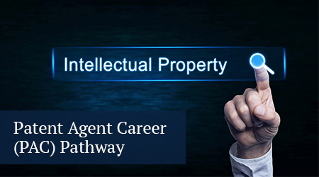 patent agent career pathway button with cityscape background with a hand poining at the words intellectual property